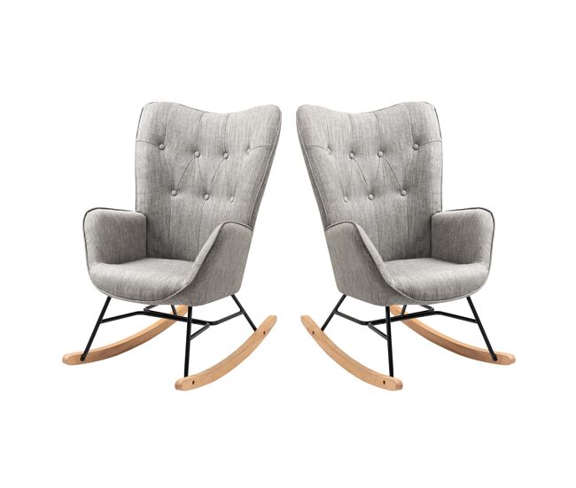 Sillas mecedoras de tela gris con respaldo alto ergonómico y patas curvas de madera, diseño moderno para salón o habitación infantil, set de 2,