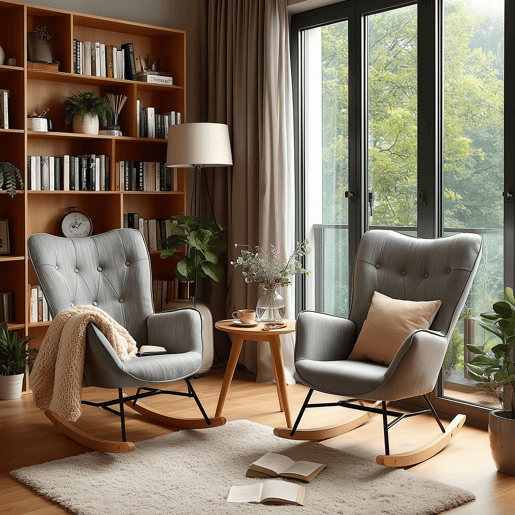Cadeiras De Balanço Em Tecido Cinzento Com Encosto Alto Ergonómico E Pernas Curvas Em Madeira, Design Moderno Para Sala Ou Quarto Infantil, Conjunto De 2, Suporta Até 120 Kg, Assento Acolchoado Ideal Para Amamentação, Leitura E Relaxamento