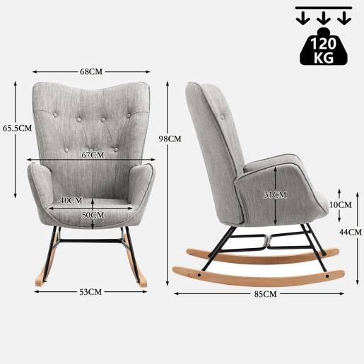 Cadeiras De Balanço Em Tecido Cinzento Com Encosto Alto Ergonómico E Pernas Curvas Em Madeira, Design Moderno Para Sala Ou Quarto Infantil, Conjunto De 2, Suporta Até 120 Kg, Assento Acolchoado Ideal Para Amamentação, Leitura E Relaxamento