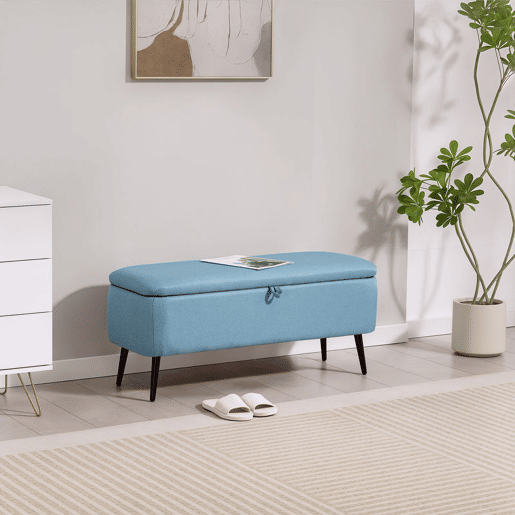 HOMCOM Banco de Armazenamento Estofado em Linho com Tampa Abatível e Pés de Aço para Dormitório Sala de Estar Entrada Carga Máxima 150kg 101x38,5x44,5 cm Azul Claro