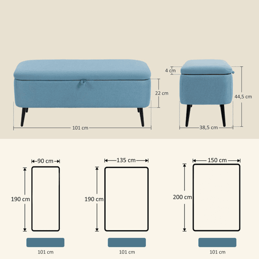 HOMCOM Banco de Armazenamento Estofado em Linho com Tampa Abatível e Pés de Aço para Dormitório Sala de Estar Entrada Carga Máxima 150kg 101x38,5x44,5 cm Azul Claro
