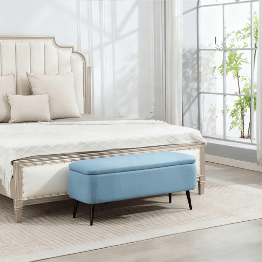 HOMCOM Banco de Armazenamento Estofado em Linho com Tampa Abatível e Pés de Aço para Dormitório Sala de Estar Entrada Carga Máxima 150kg 101x38,5x44,5 cm Azul Claro