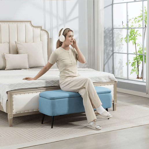 HOMCOM Banco de Armazenamento Estofado em Linho com Tampa Abatível e Pés de Aço para Dormitório Sala de Estar Entrada Carga Máxima 150kg 101x38,5x44,5 cm Azul Claro