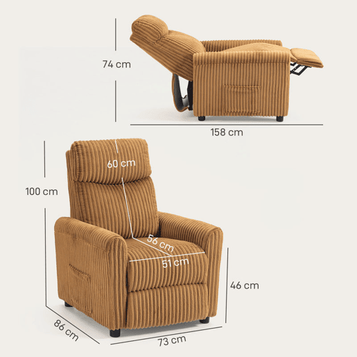 HOMCOM Poltrona Relax Reclinável Poltrona Reclinável Manual Estofada em Veludo Instalação Rápida Apoio para Pés Acolchoamento Grosso Para Sala de Estar Quarto Escritório 73x86x100 cm Marrom
