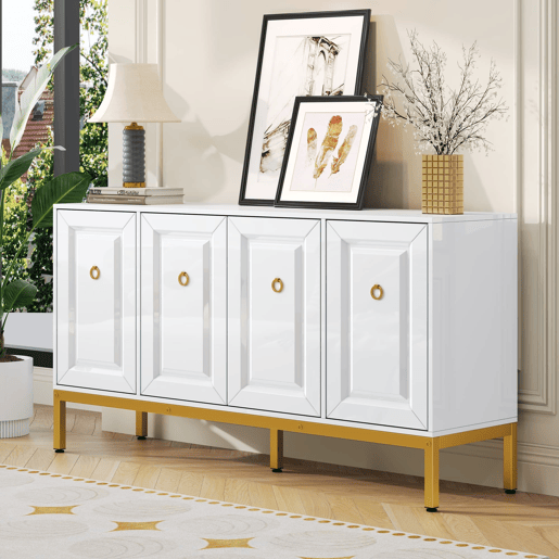 Aparador 140x80x40 cm - Elemento de arrumação de alto brilho, com prateleiras, puxadores e pés dourados - Branco