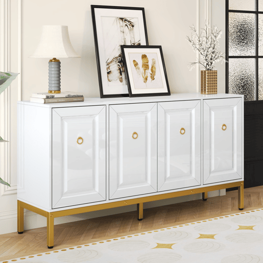 Aparador 140x80x40 cm - Elemento de arrumação de alto brilho, com prateleiras, puxadores e pés dourados - Branco
