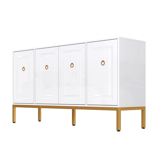 Aparador 140x80x40 cm - Elemento de arrumação de alto brilho, com prateleiras, puxadores e pés dourados - Branco