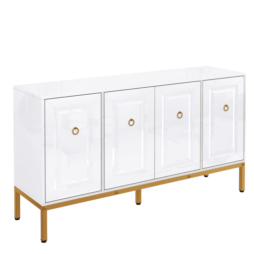 Aparador 140x80x40 cm - Elemento de arrumação de alto brilho, com prateleiras, puxadores e pés dourados - Branco