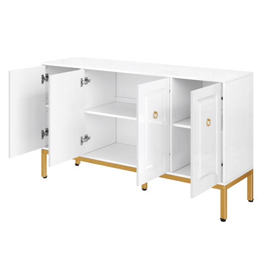 Aparador 140x80x40 cm - Elemento de arrumação de alto brilho, com prateleiras, puxadores e pés dourados - Branco