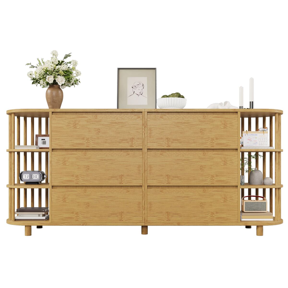 Comoda sideboard 160 cm - diseño romano con columnas y estantes de bambú - roble