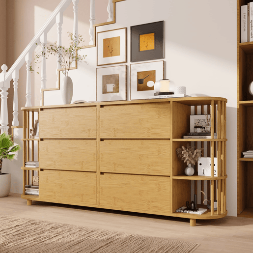 Aparador Comoda 160 cm - Design romano com colunas e prateleiras de bambu - Carvalho