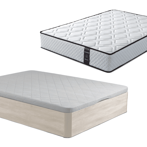 Conjunto Canapé 150x190 + Colchón - Canapé abatible con esquinas redondeadas 28 cm de almacenamiento + Colchón de muelles ensacados con viscoelástica Allegra (Doble Cara)