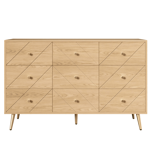 Cômoda moderna com 9 gavetas - Design geométrico elegante - Cor natural