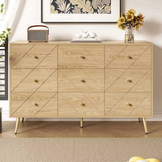 Cômoda moderna com 9 gavetas - Design geométrico elegante - Cor natural