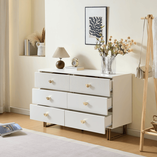 Aparador moderno 120x40x75 cm - 6 gavetas, design elegante, MDF e aço, branco e detalhes dourados