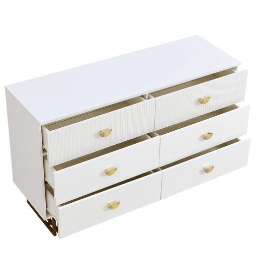Aparador moderno 120x40x75 cm - 6 gavetas, design elegante, MDF e aço, branco e detalhes dourados