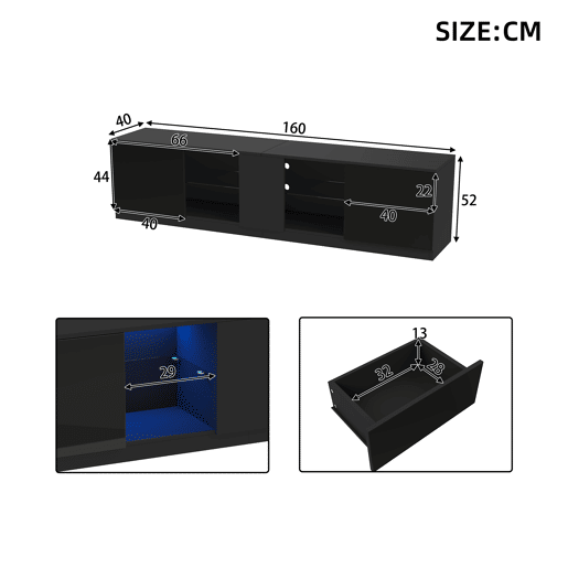 Móvel de TV 160 cm de mdf com 1 porta,2 gavetas e luz led,preto