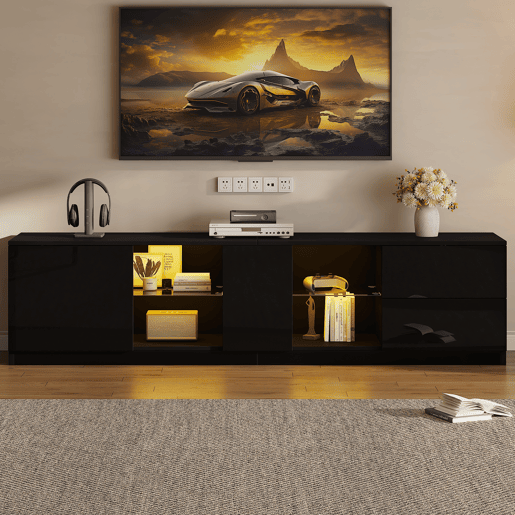 Móvel de TV 160 cm de mdf com 1 porta,2 gavetas e luz led,preto