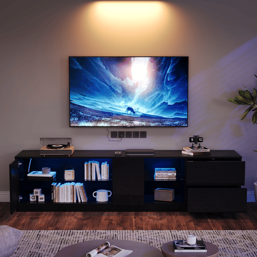 Móvel de TV 160 cm de mdf com 1 porta,2 gavetas e luz led,preto