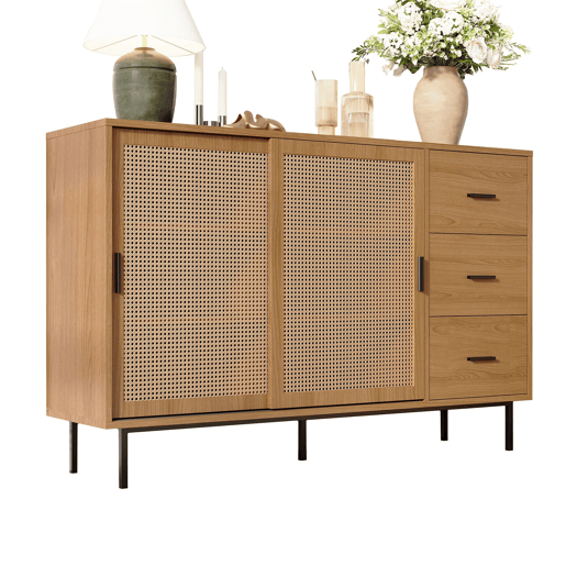 Aparador 140x91x37 cm - 2 portas de correr, 3 gavetas, estilo rústico - Natural