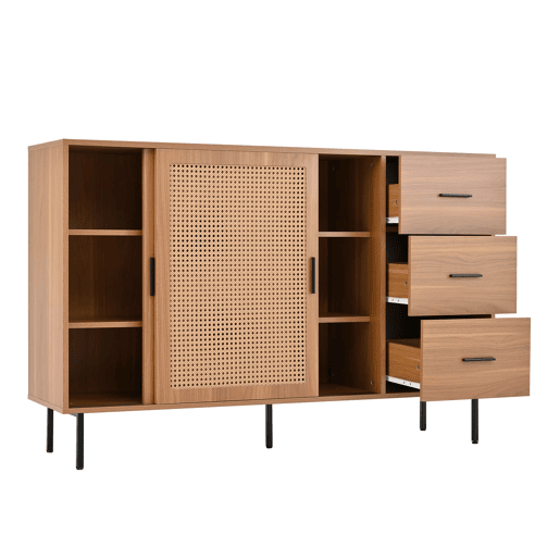 Aparador 140x91x37 cm - 2 portas de correr, 3 gavetas, estilo rústico - Natural