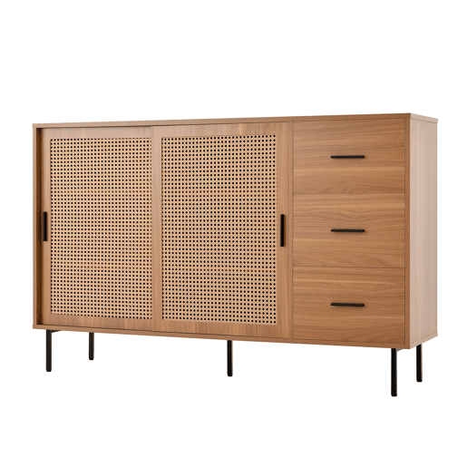 Aparador 140x91x37 cm - 2 portas de correr, 3 gavetas, estilo rústico - Natural