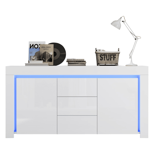 Aparador 140x40x65 cm - 3 gavetas, 2 portas, com LED - Branco