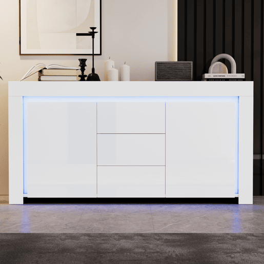 Aparador 140x40x65 cm - 3 gavetas, 2 portas, com LED - Branco