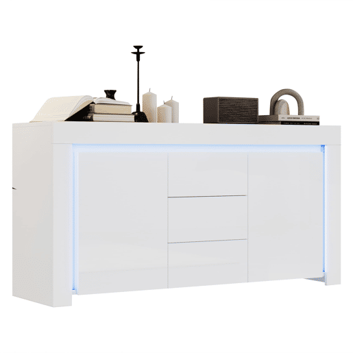 Aparador 140x40x65 cm - 3 gavetas, 2 portas, com LED - Branco