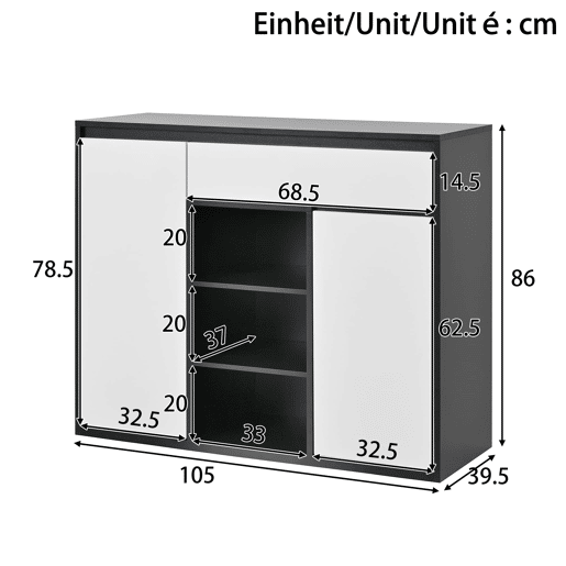 Sapateira 105x39,5x86 cm - 2 portas, 1 gaveta, prateleira ajustável - Preto e Branco