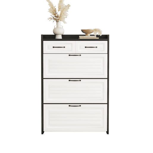 Sapateira 80x23,5x131 cm - Com 3 portas e 2 gavetas, madeira, para entrada e sala - BrancoPreto