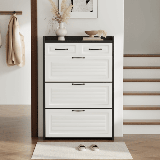 Sapateira 80x23,5x131 cm - Com 3 portas e 2 gavetas, madeira, para entrada e sala - BrancoPreto