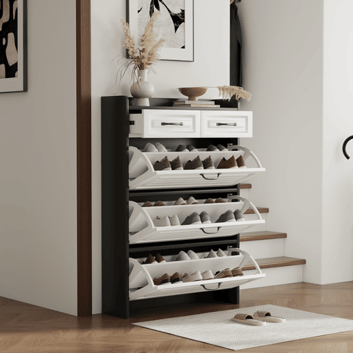 Sapateira 80x23,5x131 cm - Com 3 portas e 2 gavetas, madeira, para entrada e sala - BrancoPreto