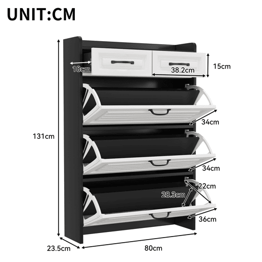 Sapateira 80x23,5x131 cm - Com 3 portas e 2 gavetas, madeira, para entrada e sala - BrancoPreto