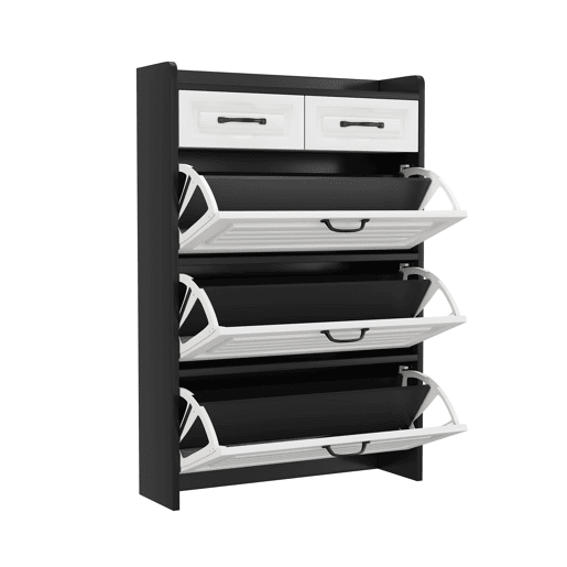 Sapateira 80x23,5x131 cm - Com 3 portas e 2 gavetas, madeira, para entrada e sala - BrancoPreto