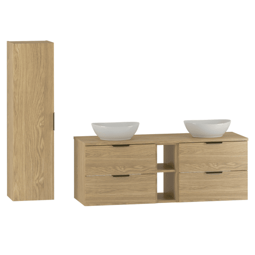Conjunto móvel lavatório duplo 140cm 2 nichos e coluna Astrid Madeira