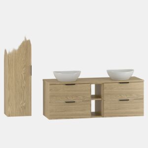 Conjunto móvel lavatório duplo 140cm 2 nichos e coluna Astrid Madeira