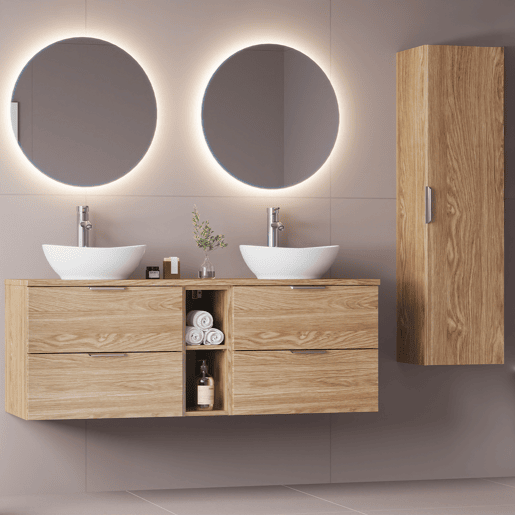 Conjunto móvel lavatório duplo 140cm 2 nichos e coluna Astrid Madeira