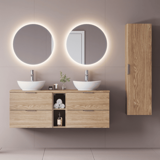 Conjunto móvel lavatório duplo 140cm 2 nichos e coluna Astrid Madeira