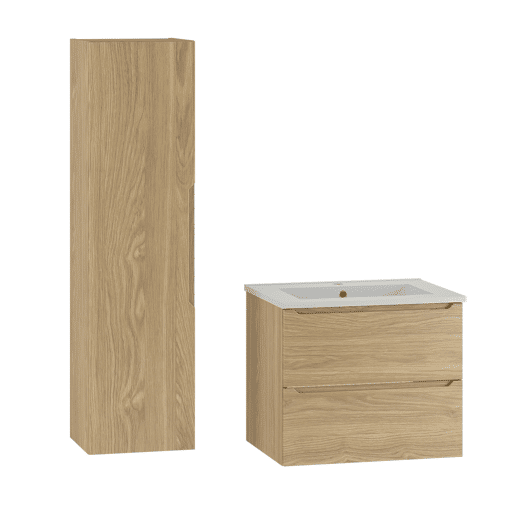 Conjunto móvel lavatório simples encastrado 60cm e coluna Viggo Madeira