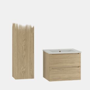 Conjunto móvel lavatório simples encastrado 60cm e coluna Viggo Madeira
