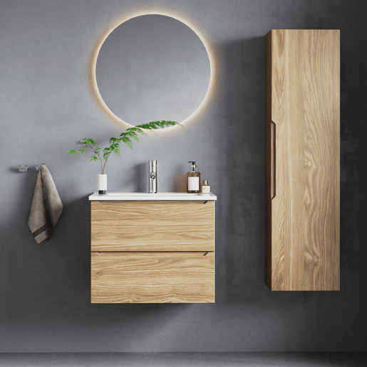 Conjunto móvel lavatório simples encastrado 60cm e coluna Viggo Madeira