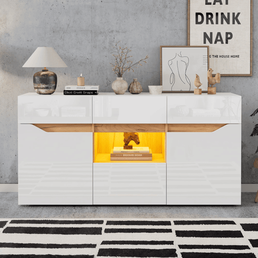 Móvel de sala 140 x 40 x 70 cm - Aparador com 4 gavetas, 2 compartimentos, sem puxadores, com LED - Branco e madeira Móvel de sala 140 x 40 x 70 cm - Aparador com 4 gavetas, 2 compartimentos, sem puxadores, com LED - Branco e madeira