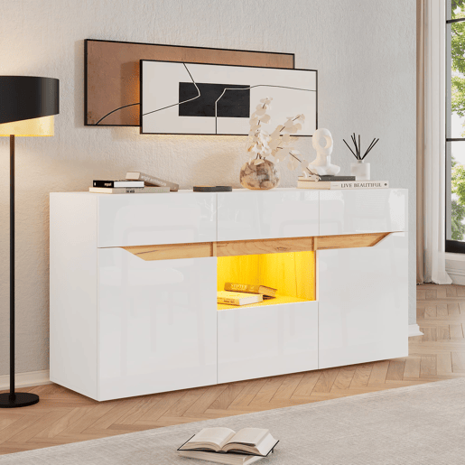 Móvel de sala 140 x 40 x 70 cm - Aparador com 4 gavetas, 2 compartimentos, sem puxadores, com LED - Branco e madeira Móvel de sala 140 x 40 x 70 cm - Aparador com 4 gavetas, 2 compartimentos, sem puxadores, com LED - Branco e madeira