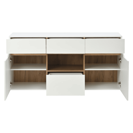 Móvel de sala 140 x 40 x 70 cm - Aparador com 4 gavetas, 2 compartimentos, sem puxadores, com LED - Branco e madeira Móvel de sala 140 x 40 x 70 cm - Aparador com 4 gavetas, 2 compartimentos, sem puxadores, com LED - Branco e madeira