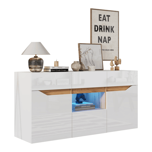 Móvel de sala 140 x 40 x 70 cm - Aparador com 4 gavetas, 2 compartimentos, sem puxadores, com LED - Branco e madeira Móvel de sala 140 x 40 x 70 cm - Aparador com 4 gavetas, 2 compartimentos, sem puxadores, com LED - Branco e madeira