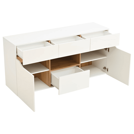 Móvel de sala 140 x 40 x 70 cm - Aparador com 4 gavetas, 2 compartimentos, sem puxadores, com LED - Branco e madeira Móvel de sala 140 x 40 x 70 cm - Aparador com 4 gavetas, 2 compartimentos, sem puxadores, com LED - Branco e madeira