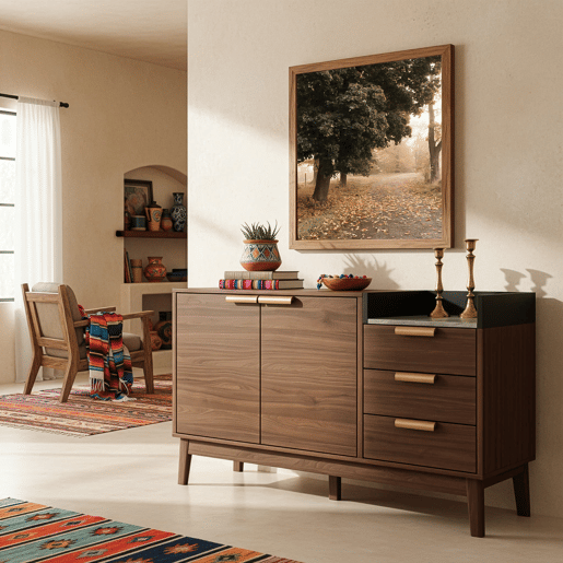 Cómoda de sala 120x77x40 cm - Aberta + 3 gavetas e armário com 2 portas - Robusta em carvalho escuro
