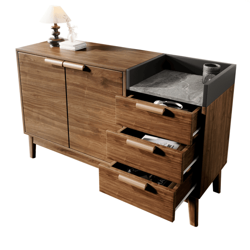 Cómoda de sala 120x77x40 cm - Aberta + 3 gavetas e armário com 2 portas - Robusta em carvalho escuro