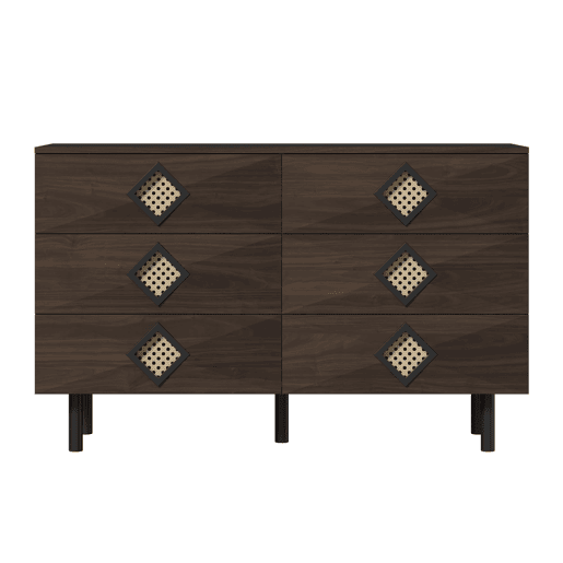 Tocador elegante com 6 gavetas - Puxadores de rattan, ideal para quarto e sala - Nogueira